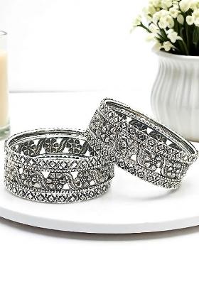 Set Of 6 Silver Oxidised Floral Bangle Set