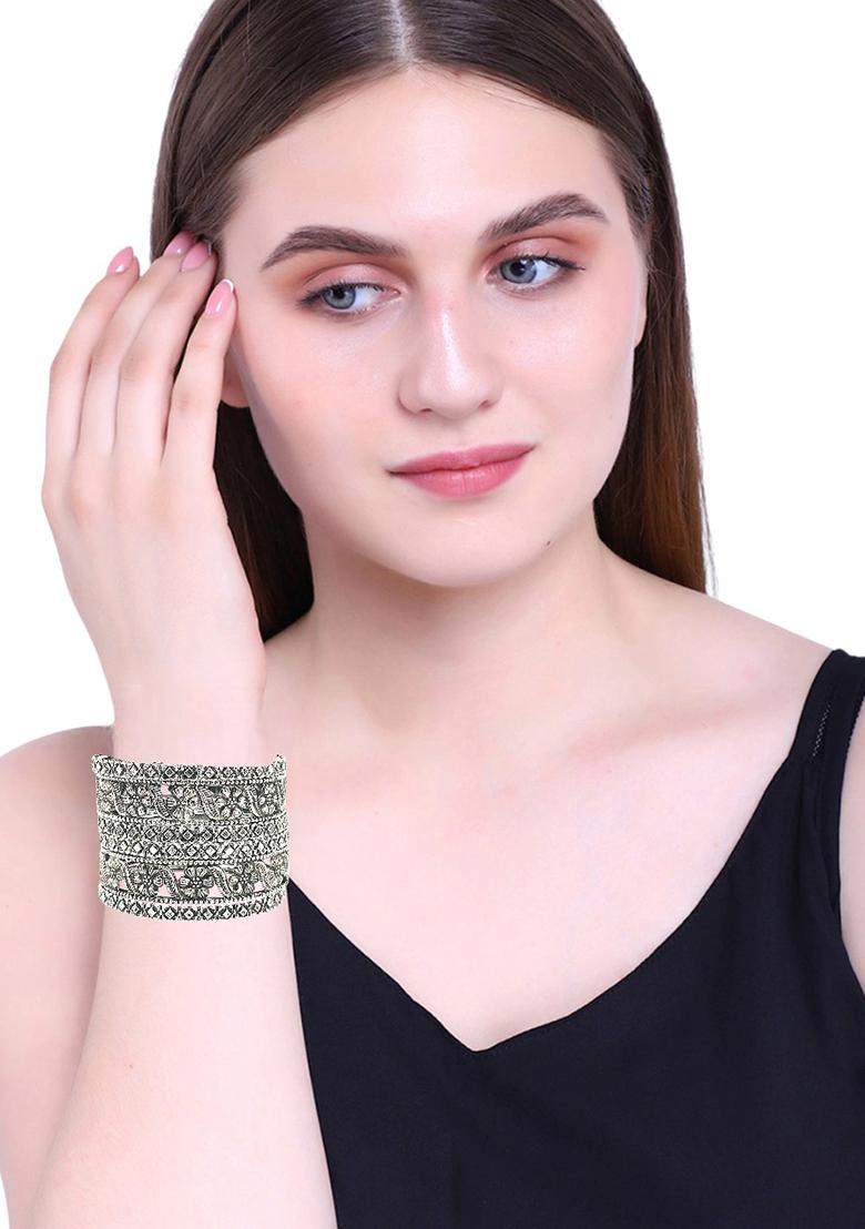Set Of 6 Silver Oxidised Floral Bangle Set