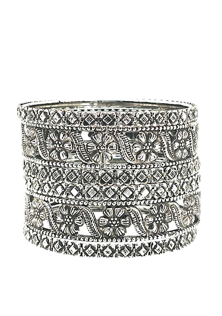 Set Of 6 Silver Oxidised Floral Bangle Set - Indya