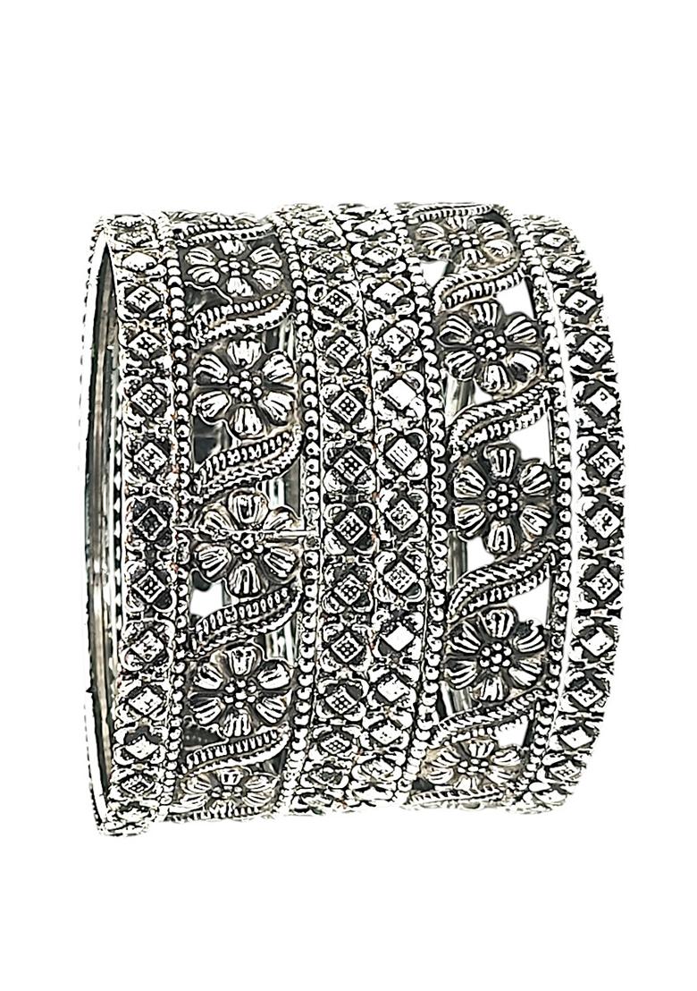 Set Of 6 Silver Oxidised Floral Bangle Set