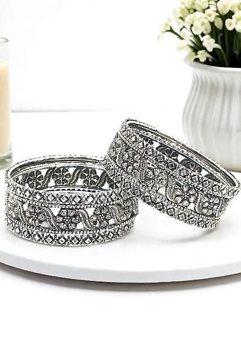 Set Of 6 Silver Oxidised Floral Bangle Set
