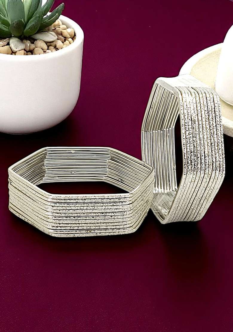 Set Of 24 Silver Plated Shimmer Hexagon Shaped Bangles - Indya