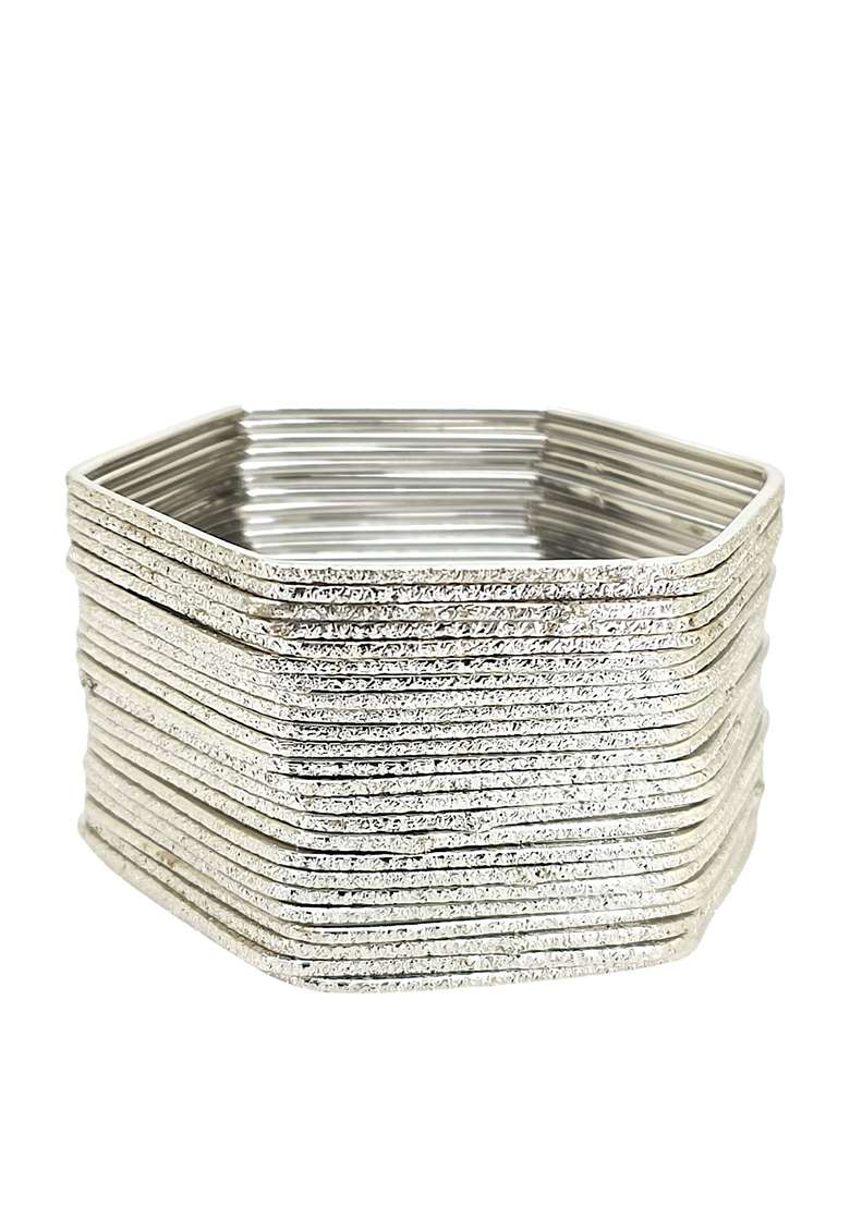 Set Of 24 Silver Plated Shimmer Hexagon Shaped Bangles - Indya