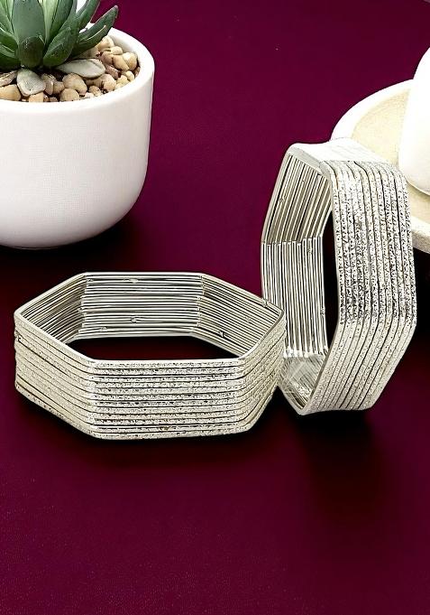 Set Of 24 Silver Plated Shimmer Hexagon Shaped Bangles