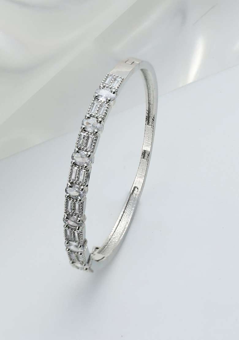 Women Silver Toned And White Brass American Diamond Silver Plated Bracelet - Indya