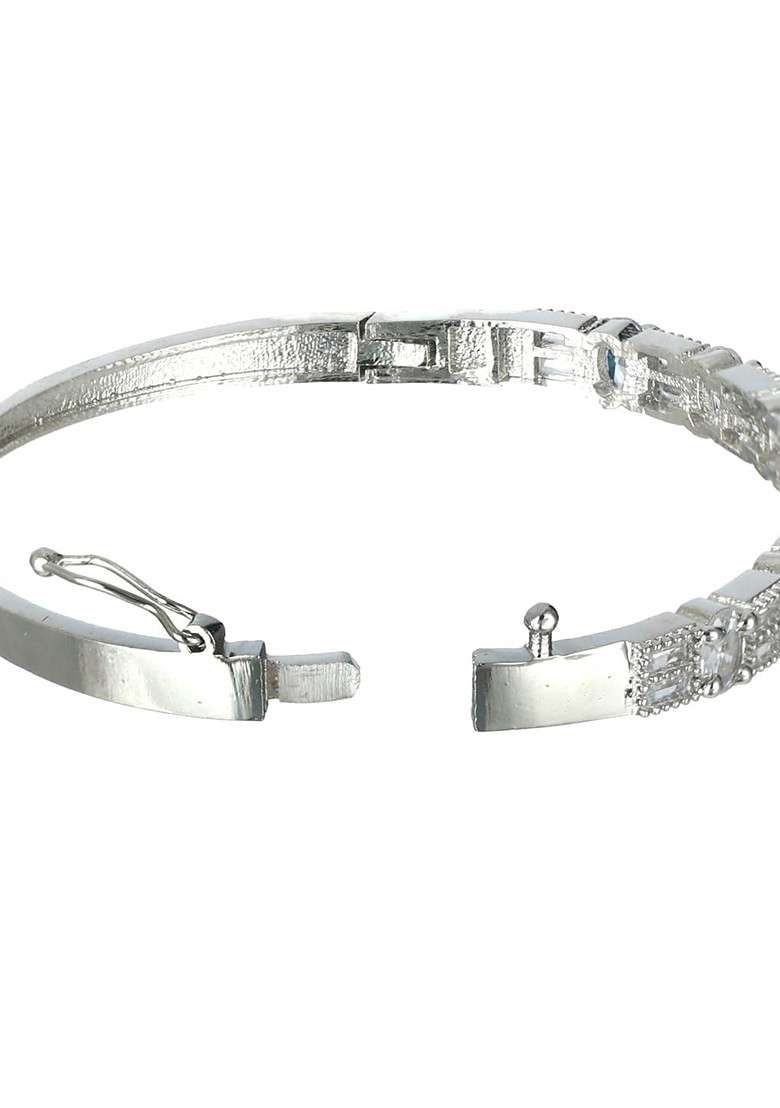 Women Silver Toned And White Brass American Diamond Silver Plated Bracelet - Indya
