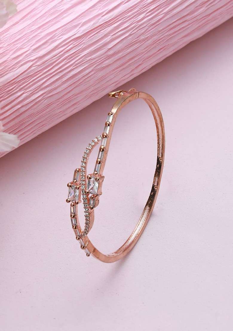 Women Rose Gold And White Brass American Diamond Handcrafted Rose Gold Plated Bangle Style Bracelet - Indya