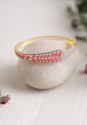 Women Pink Brass American Diamond Gold Plated Kada Bracelet