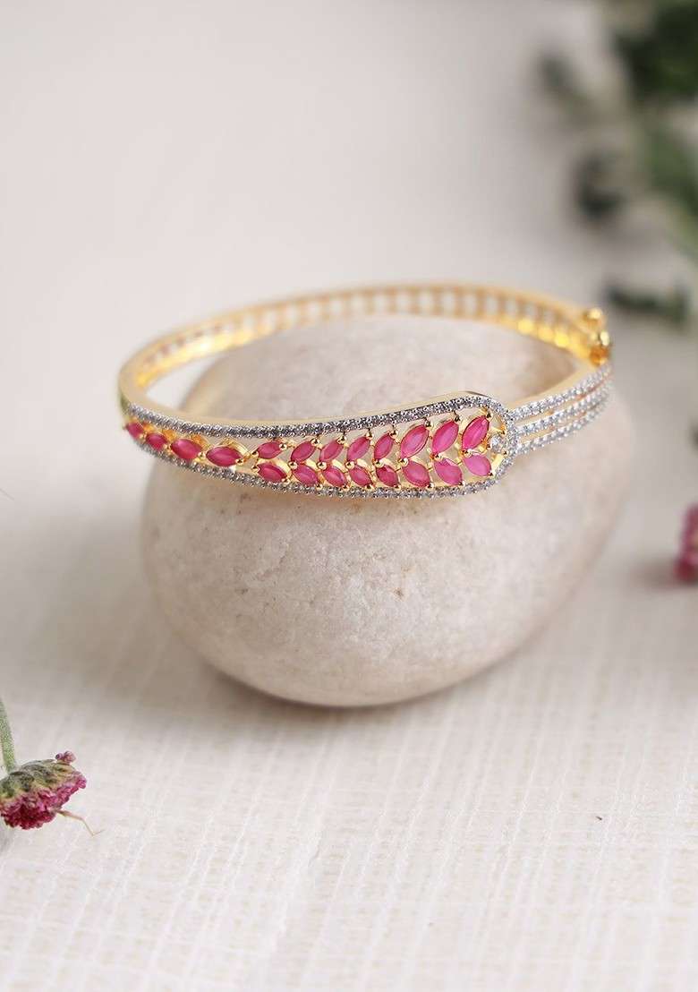 Women Pink Brass American Diamond Gold Plated Kada Bracelet - Indya