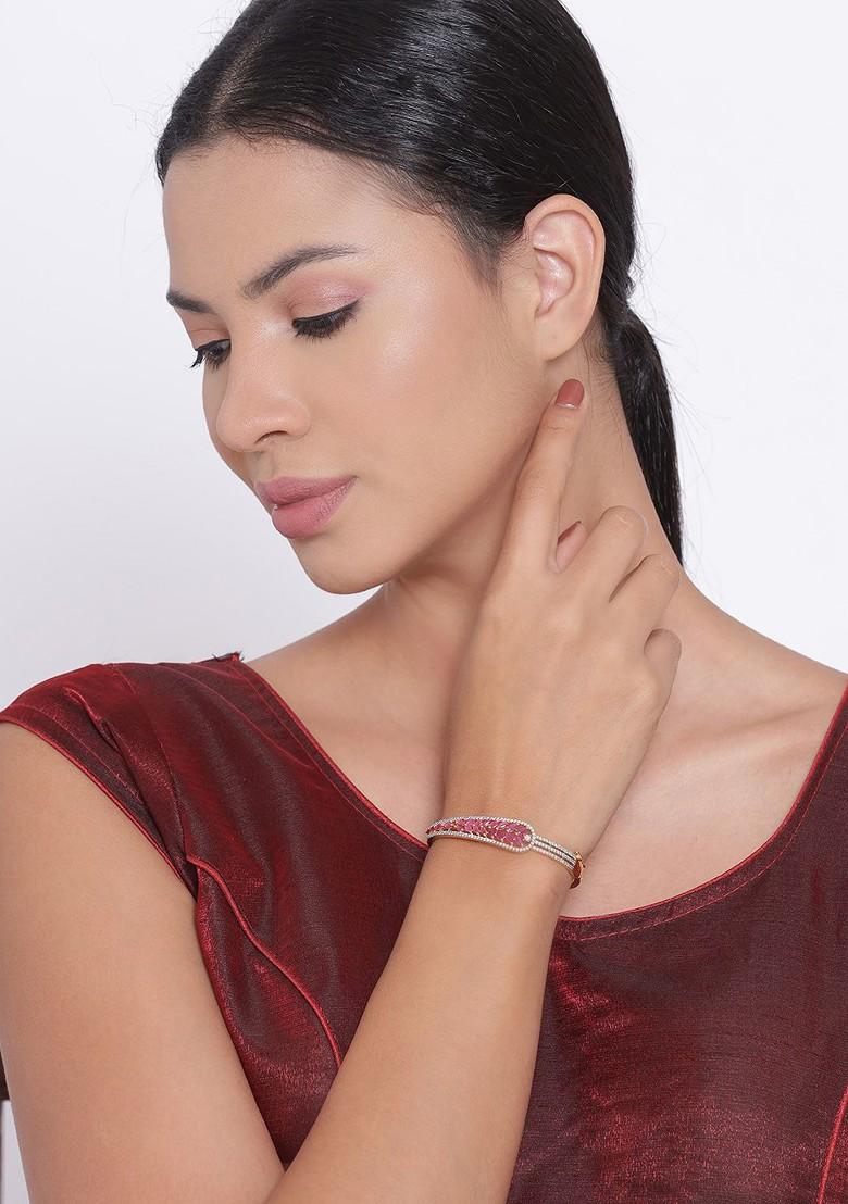 Women Pink Brass American Diamond Gold Plated Kada Bracelet