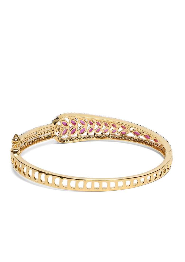 Women Pink Brass American Diamond Gold Plated Kada Bracelet - Indya
