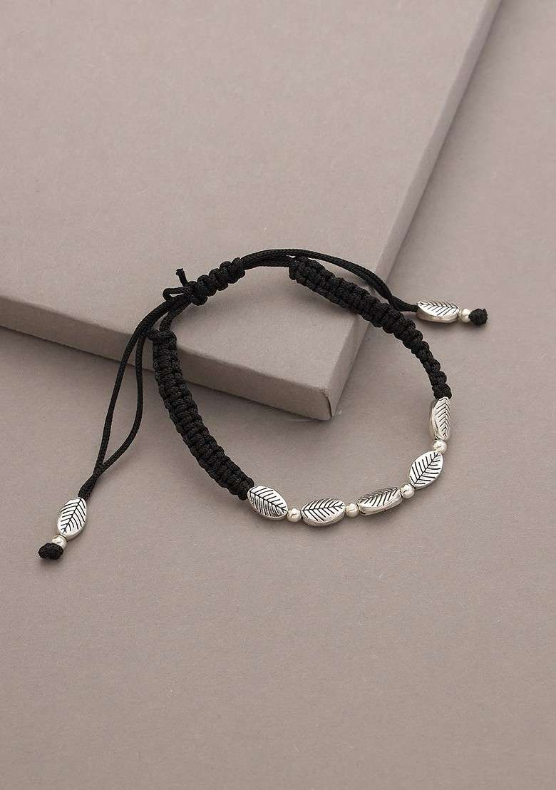Women Silver Toned And Black Oxidised Silver Plated Wraparound Bracelet - Indya