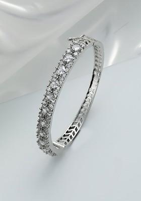 Women Silver Plated White Brass American Diamond Bangle Style Bracelet