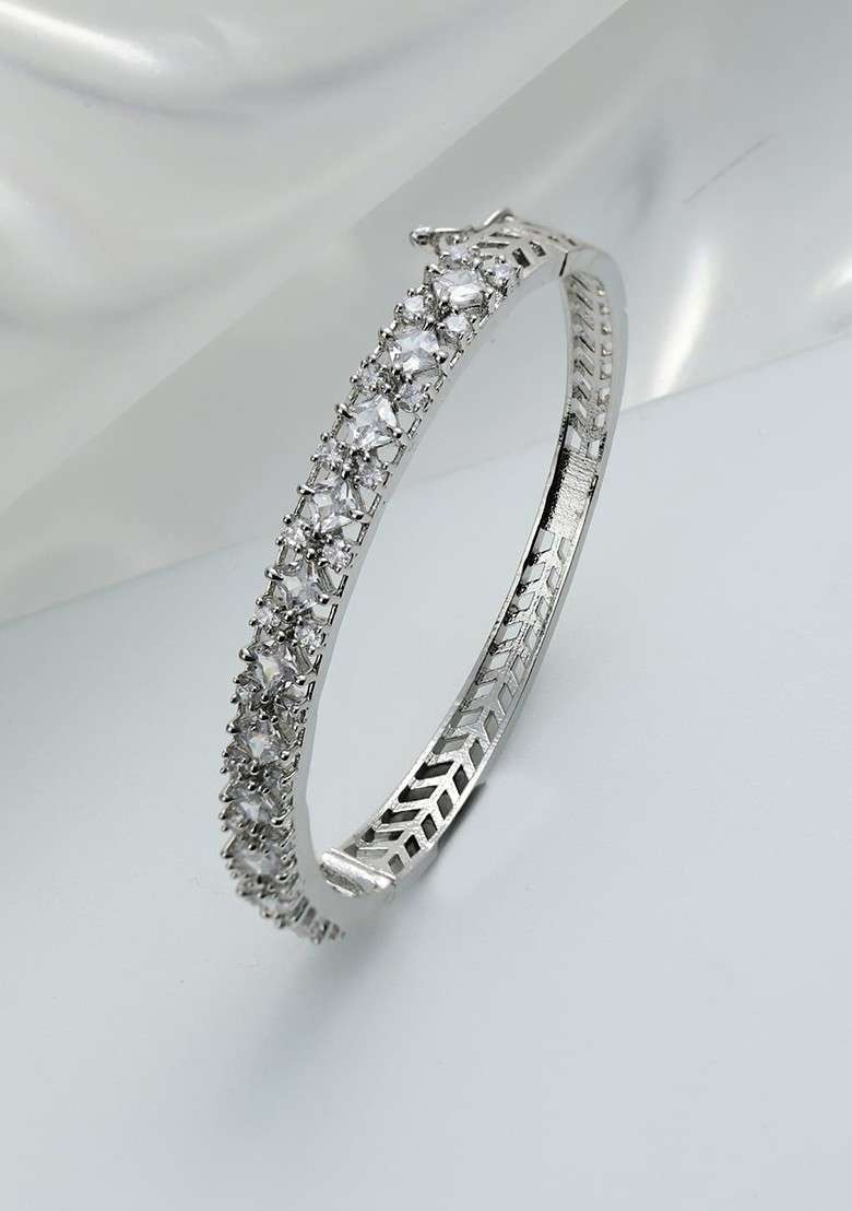 Women Silver Plated White Brass American Diamond Bangle Style Bracelet - Indya