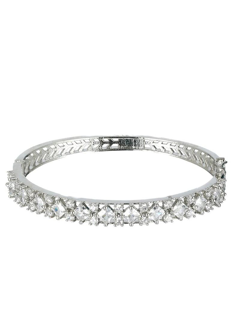 Women Silver Plated White Brass American Diamond Bangle Style Bracelet