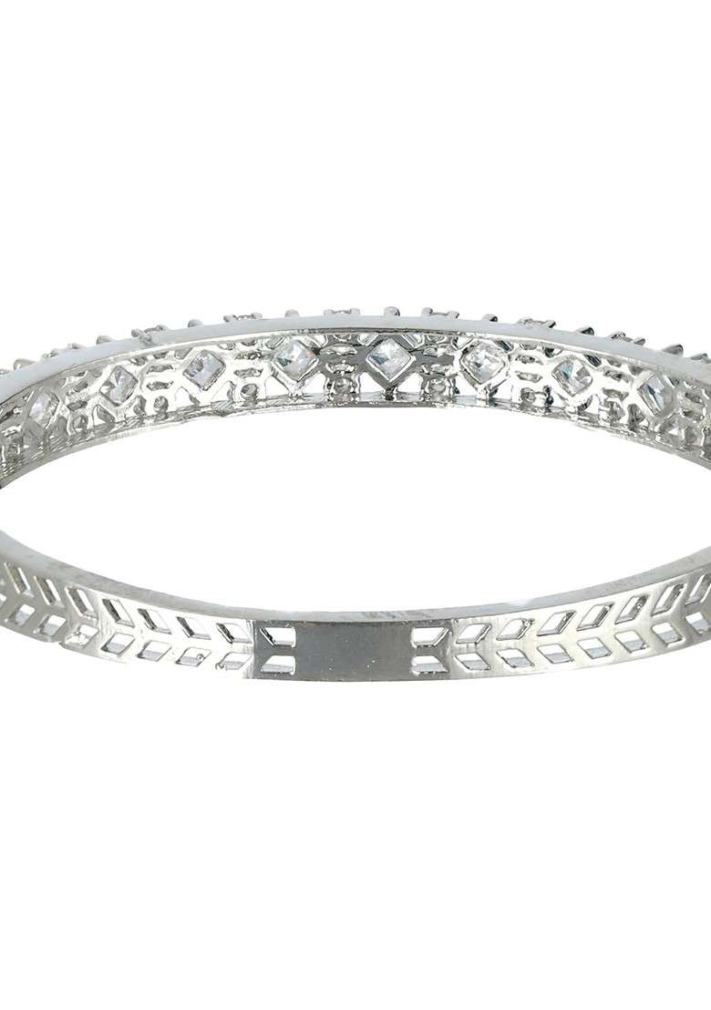 Women Silver Plated White Brass American Diamond Bangle Style Bracelet - Indya