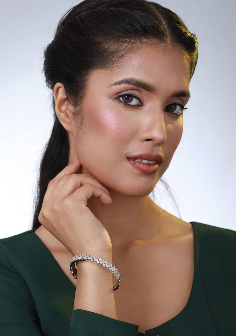 Women Silver Plated White Brass American Diamond Bangle Style Bracelet