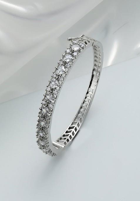 Women Silver Plated White Brass American Diamond Bangle Style Bracelet