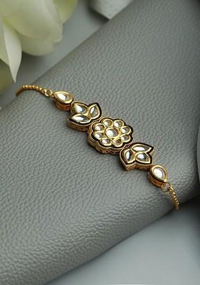 Women Gold Toned And Black Brass Kundan Gold Plated Link Bracelet