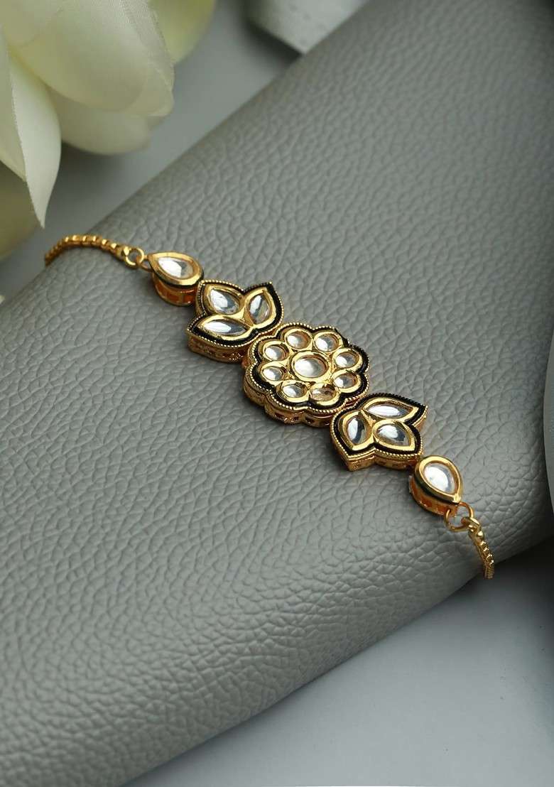 Women Gold Toned And Black Brass Kundan Gold Plated Link Bracelet - Indya