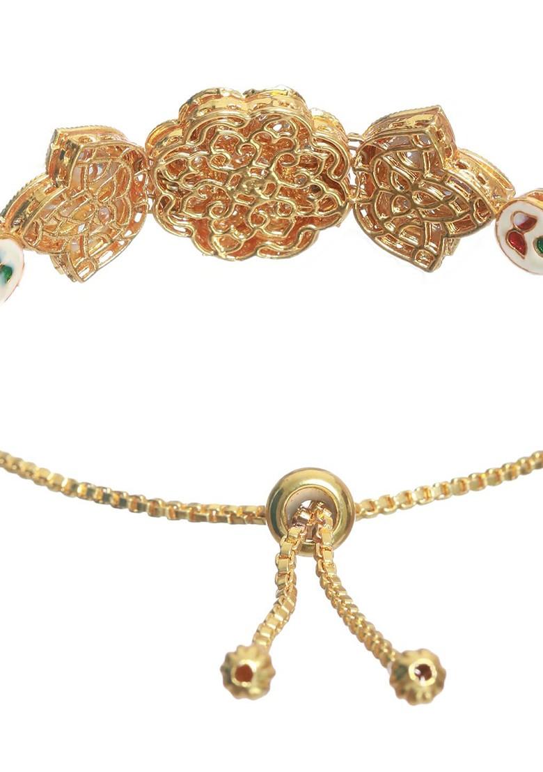 Women Gold Toned And Black Brass Kundan Gold Plated Link Bracelet
