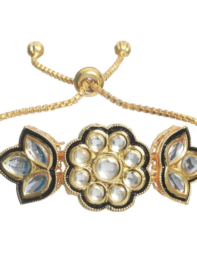 Women Gold Toned And Black Brass Kundan Gold Plated Link Bracelet - Indya