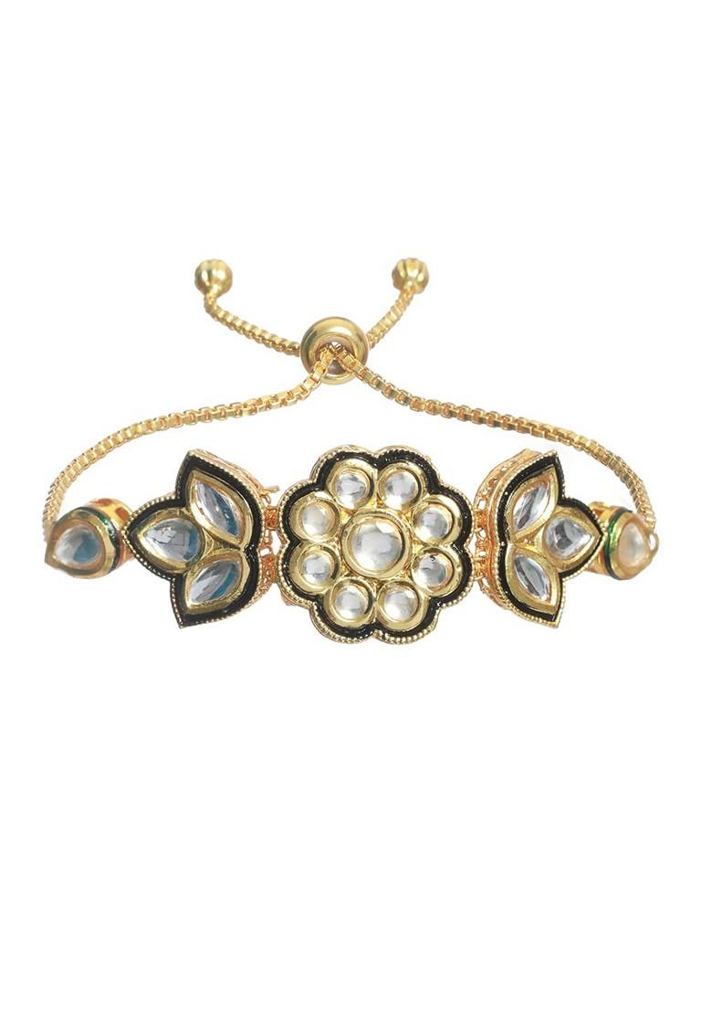 Women Gold Toned And Black Brass Kundan Gold Plated Link Bracelet