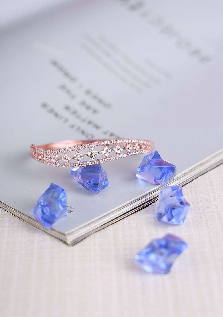 Women Rose Gold And Silver Toned Brass American Diamond Handcrafted Rose Gold Plated Bracelet - Indya