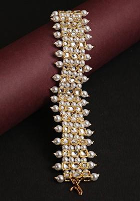 Women Gold Toned And White Pearl And Stone Studded Wraparound Bracelet