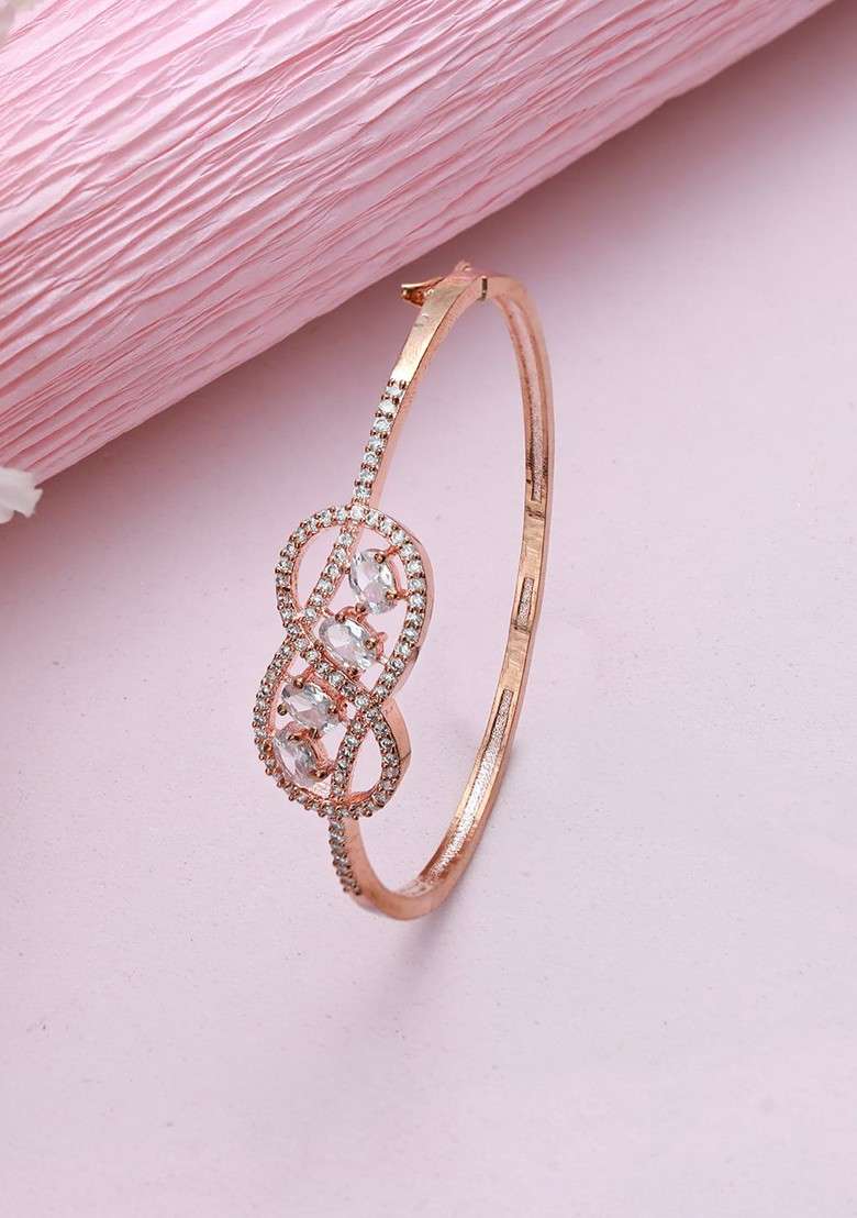 Women Rose Gold And White Brass American Diamond Rose Gold Plated Bangle Style Bracelet - Indya