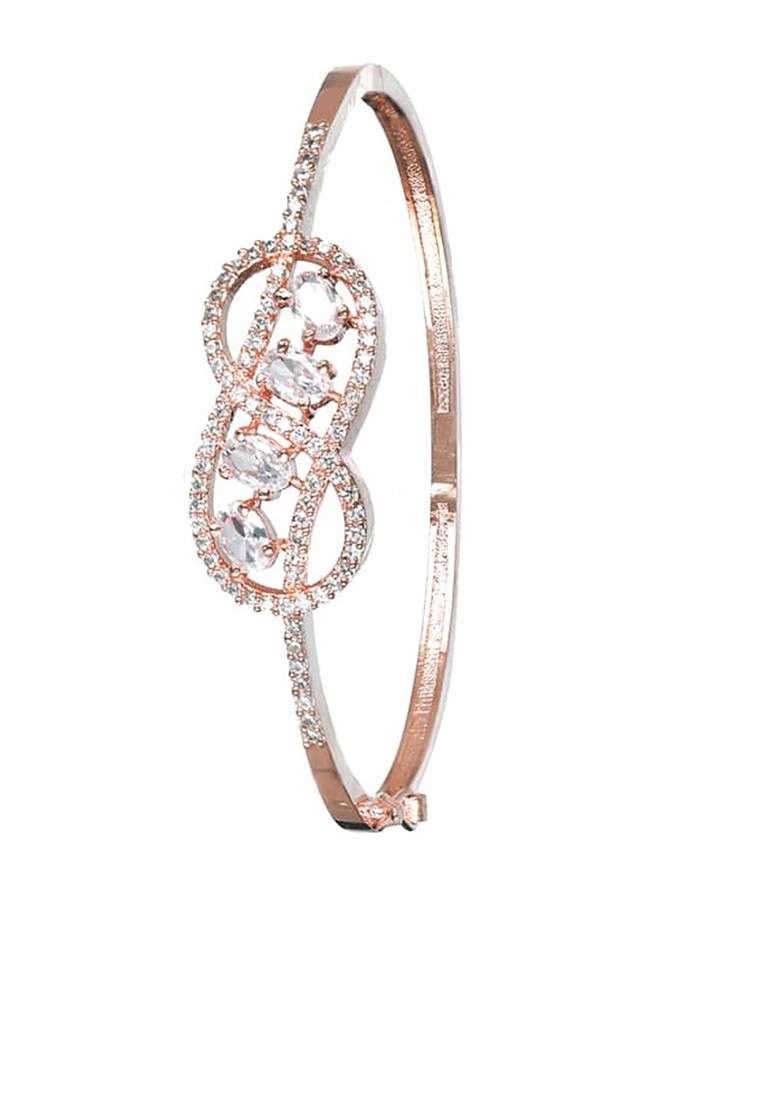 Women Rose Gold And White Brass American Diamond Rose Gold Plated Bangle Style Bracelet - Indya