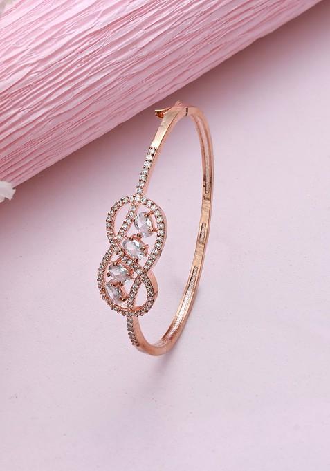 Women Rose Gold And White Brass American Diamond Rose Gold Plated Bangle Style Bracelet