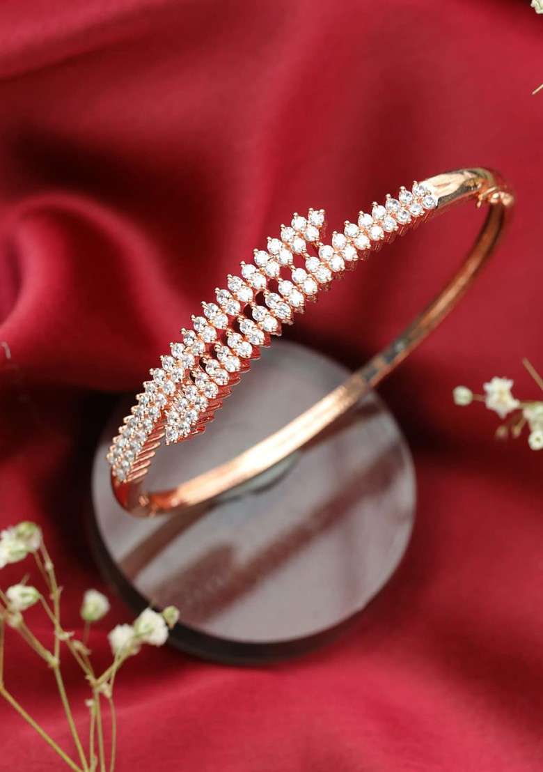Women Rose Gold And White Brass American Diamond Handcrafted Rose Gold Plated Bangle Style Bracelet - Indya