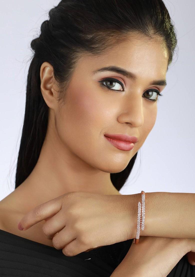 Women Rose Gold And White Brass American Diamond Handcrafted Rose Gold Plated Bangle Style Bracelet