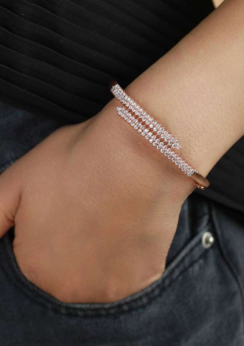 Women Rose Gold And White Brass American Diamond Handcrafted Rose Gold Plated Bangle Style Bracelet - Indya