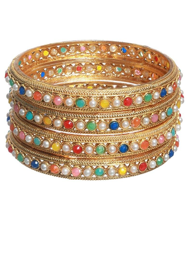 Set Of 4 Gold Plated White And Blue Stone Studded Handcrafted Bangle