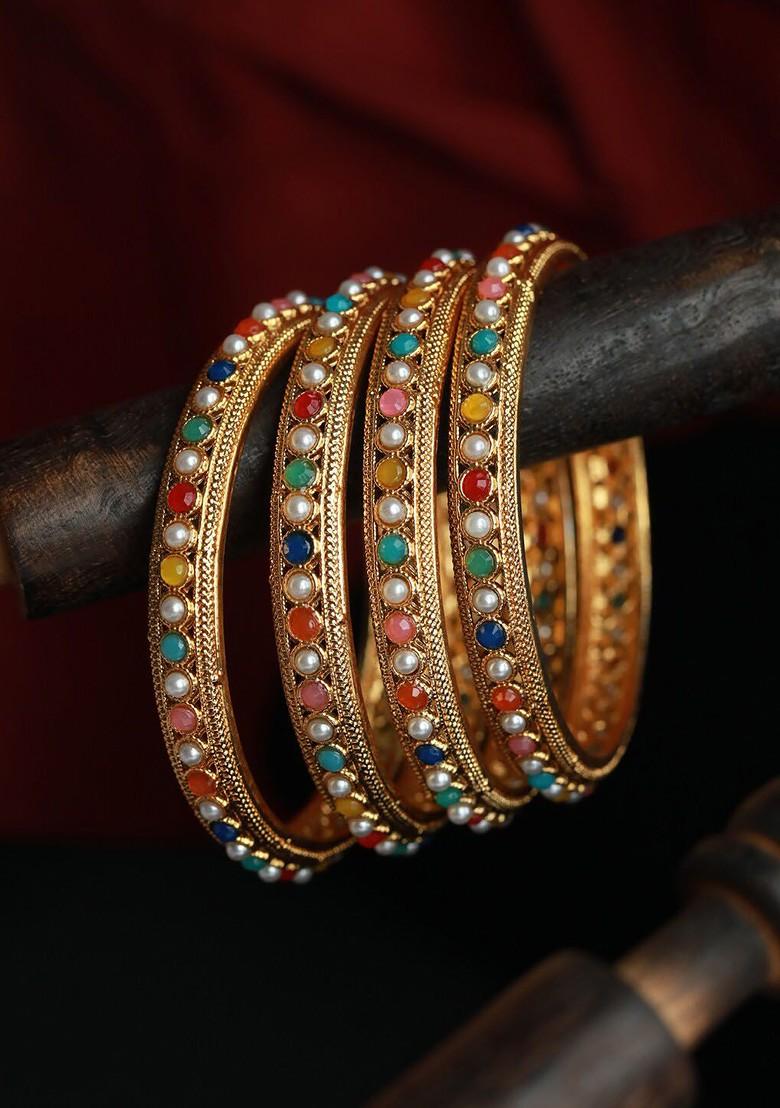 Pack Of 4 Gold Plated Blue And Red Pearls Studded Bangle