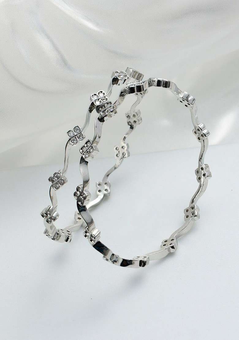 Set Of 2 Women Silver Plated And Toned Ad Studded Bangles - Indya