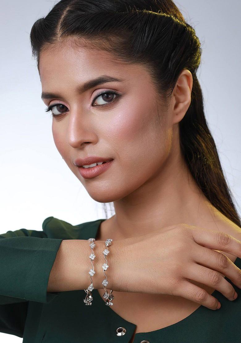 Set Of 2 Women Silver Plated And Toned Ad Studded Bangles