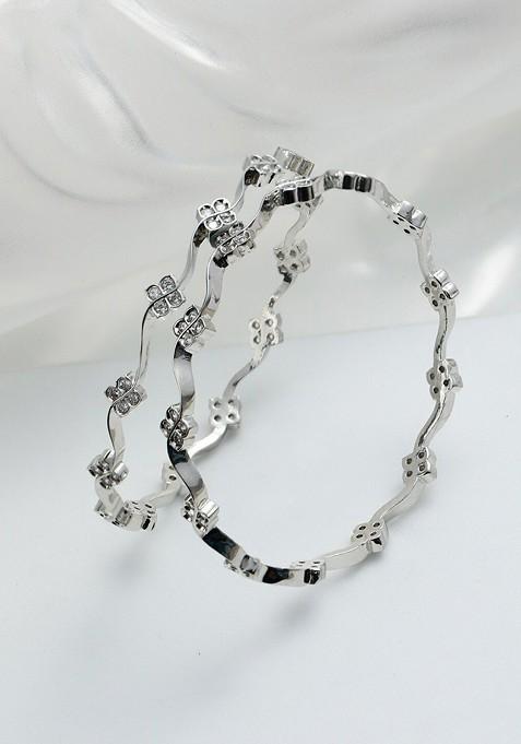 Set Of 2 Women Silver Plated And Toned Ad Studded Bangles