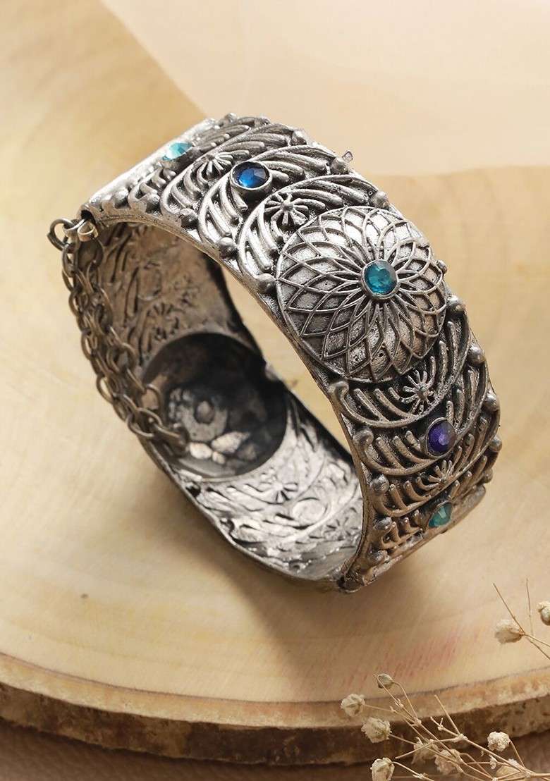 Women German Silver Antique Silver Plated Bangle Style Bracelet - Indya