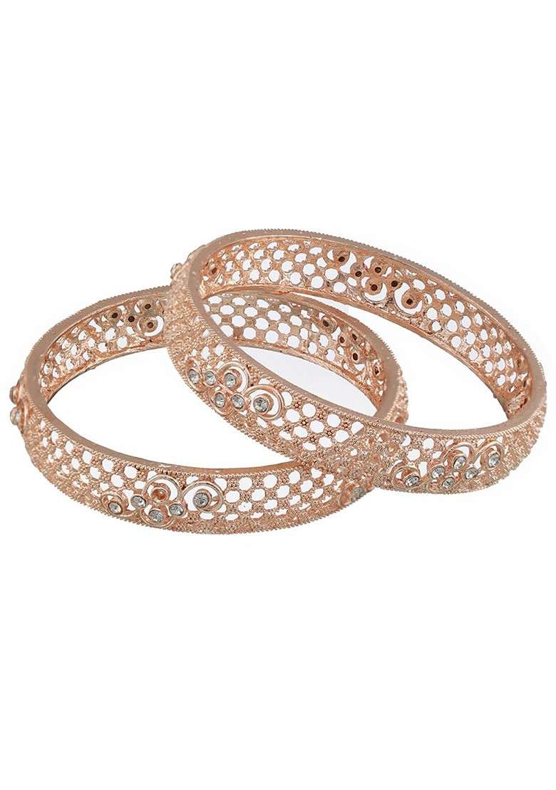 Set Of 2 Rose Gold Plated Cubic Zirconia Studded Bangle - Indya