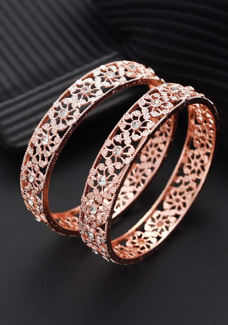 Set Of 2 Rose Gold Plated Cubic Zirconia Studded Bangles - Indya