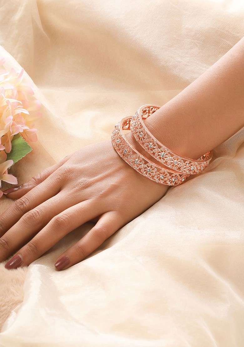 Set Of 2 Rose Gold Plated Cubic Zirconia Studded Bangles - Indya