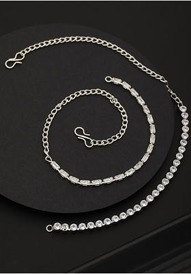 Women Set Of 2 Rhodium Plated Cz Stone Studded Link Bracelets