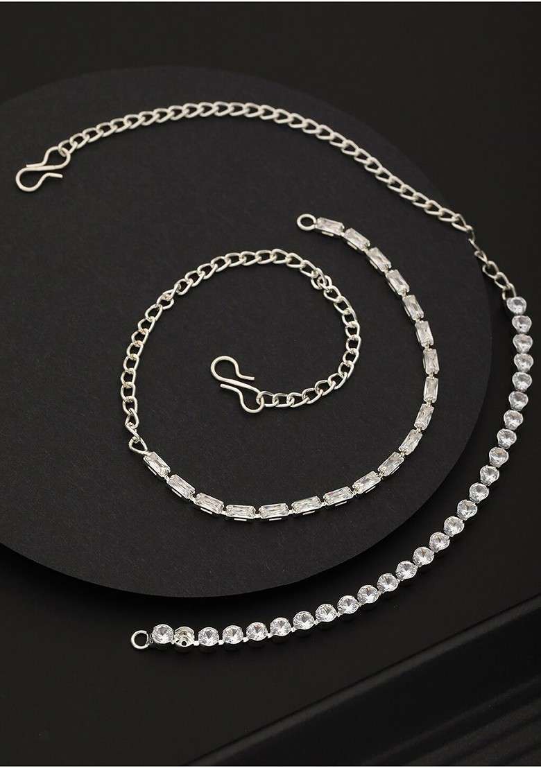 Women Set Of 2 Rhodium Plated Cz Stone Studded Link Bracelets - Indya