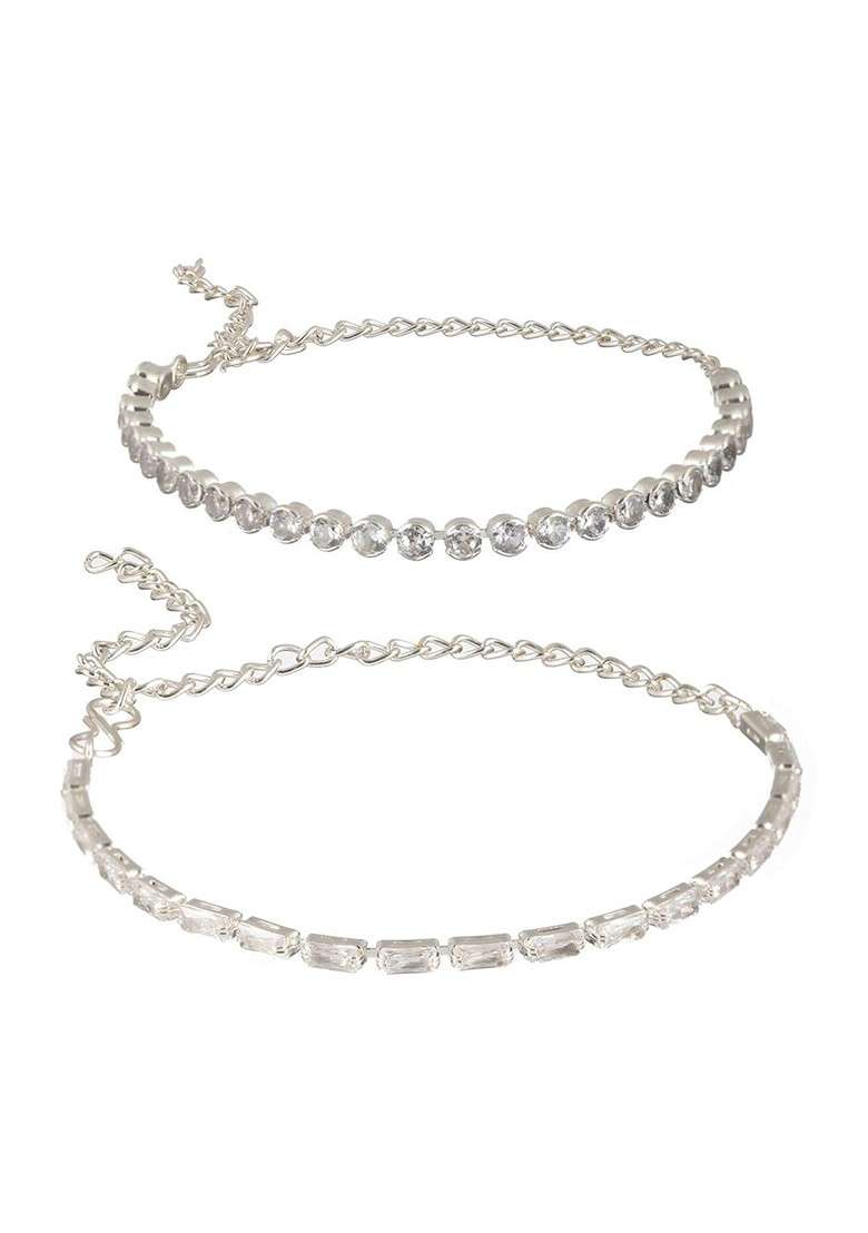 Women Set Of 2 Rhodium Plated Cz Stone Studded Link Bracelets - Indya