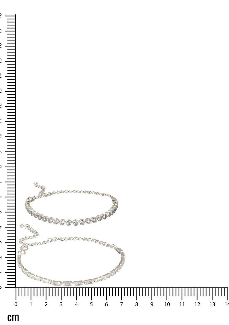 Women Set Of 2 Rhodium Plated Cz Stone Studded Link Bracelets