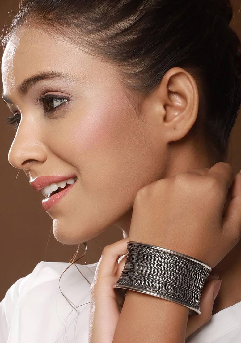 German Silver Plated And Textured Oxidised Cuff Bracelet