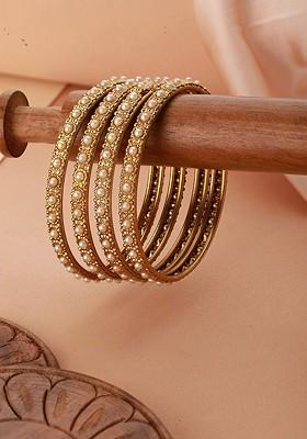 Set Of 4 Gold Plated Bold Pearl Studded Bangles